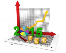 Business bar graph with 2015 pie chart stock photo