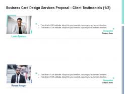 Business card design services proposal client testimonials communication ppt powerpoint show