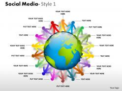 Business consulting social media with team of 3d men surrounding globe powerpoint slide template