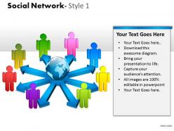 Business consulting social network colorful 3d men globe arrows network powerpoint slide template