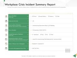Business crisis preparedness deck workplace crisis incident summary report ppt infographics