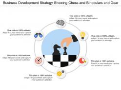 Business development strategy showing chess and binoculars and gear