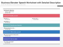 Business elevator speech worksheet with detailed description