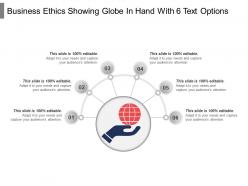 Business ethics showing globe in hand with 6 text options