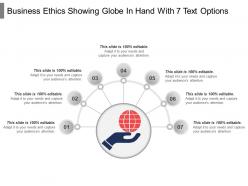 Business ethics showing globe in hand with 7 text options