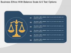 Business ethics with balance scale and 6 text options