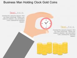 Business man holding clock gold coins flat powerpoint design