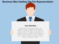Business man holding tag for representation flat powerpoint design