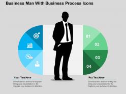 Business man with business process icons flat powerpoint design
