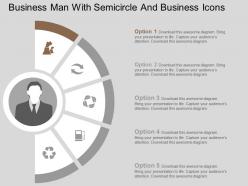 Business man with semicircle and business icons flat powerpoint design