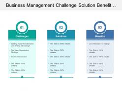 Business management challenge solution benefit with text boxes