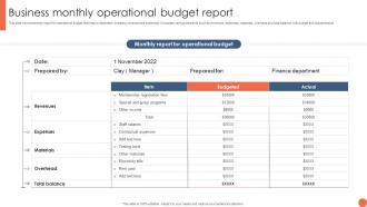 Business Monthly Operational Budget Report