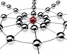 Business network and leadership with metallic balls connected with one red stock photo