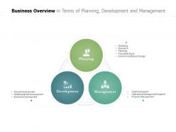 Business overview in terms of planning development and management