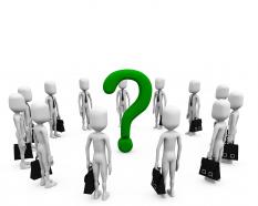 Business peoples in circle and question mark in middle stock photo