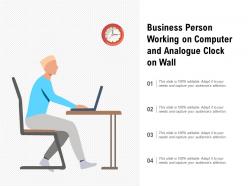 Business person working on computer and analogue clock on wall