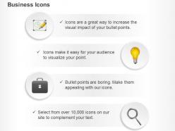 Business pie chart bulb idea generation suitcase magnifier ppt icons graphics