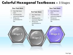Business powerpoint templates colorful hexagonal text boxes 3 phase diagram ppt sales slides