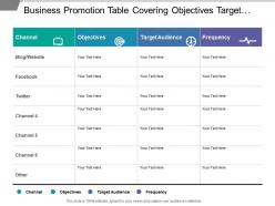 Business promotion table covering objectives target audience and frequency
