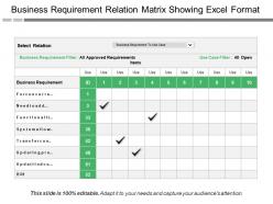 Business requirement relation matrix showing excel format