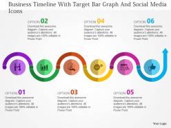 Business timeline with target bar graph and social media icons flat powerpoint design