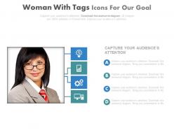 Business woman with tags and icons for our goal powerpoint slides