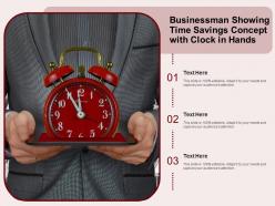 Businessman showing time savings concept with clock in hands