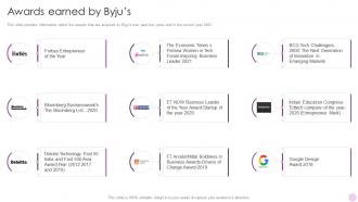 Byjus Investor Funding Elevator Pitch Deck Awards Earned By Byjus