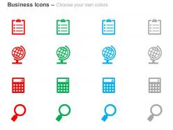 Calculator magnifier globe checklist for global business ppt icons graphics