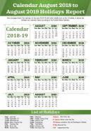 Calendar august 2018 to august 2019 holidays report presentation report infographic ppt pdf document