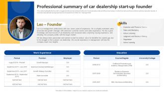 Car Dealership Start Up Professional Summary Of Car Dealership Start Up Founder BP SS