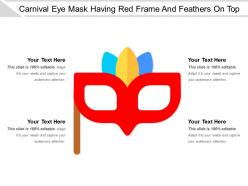 Carnival eye mask having red frame and feathers on top