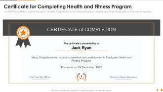 Certificate for completing health and fitness playbook ppt demonstration