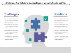 Challenges and solutions showing head of man with puzzle and tick