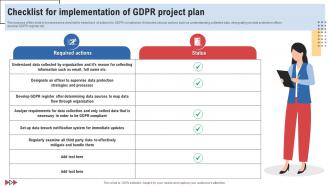 Checklist For Implementation Of GDPR Project Plan