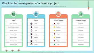 Checklist For Management Of A Finance Project