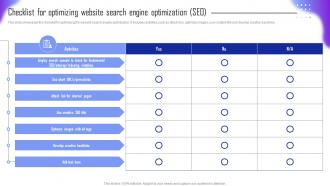 Checklist For Optimizing Website Search Engine Optimization SEO Guide For Tourism Marketing Plan MKT SS V
