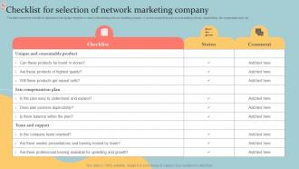 Checklist For Selection Of Network Marketing Company Executive MLM Plan MKT SS V