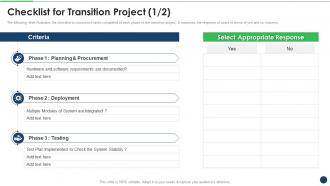 Checklist For Transition Project Plan For Successful System Integration