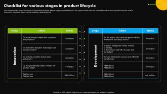 Checklist For Various Stages In Product Lifecycle Stages Of Product Lifecycle Management