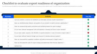 Checklist To Evaluate Export Readiness Of Organization Export Strategic Guide For Global Market Entry
