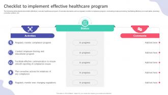 Checklist To Implement Effective Healthcare Program Hospital Startup Business Plan Revolutionizing