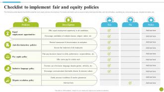 Checklist To Implement Fair And Equity Policies Strategies To Improve Diversity DTE SS