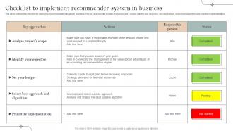 Checklist To Implement Recommender System Implementation Of Recommender Systems In Business