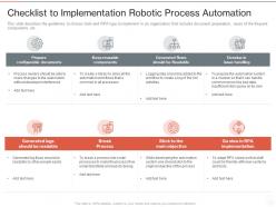 Checklist to implementation robotic process automation ppt powerpoint presentation portfolio structure