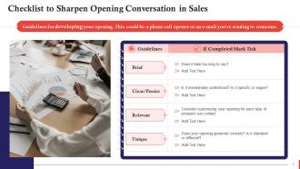 Checklist To Sharpen Opening Conversations In Sales Training Ppt