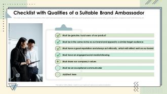 Checklist With Qualities Of A Suitable Brand Ambassador Brand Communication Strategy Ppt Summary