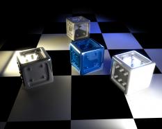 Chessboard and 3d dices business leadership stock photo