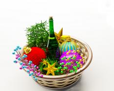 Christmas basket full with colorful balls wine bottle stock photo