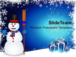 Christmas greetings snowman with broom on powerpoint templates ppt backgrounds for slides